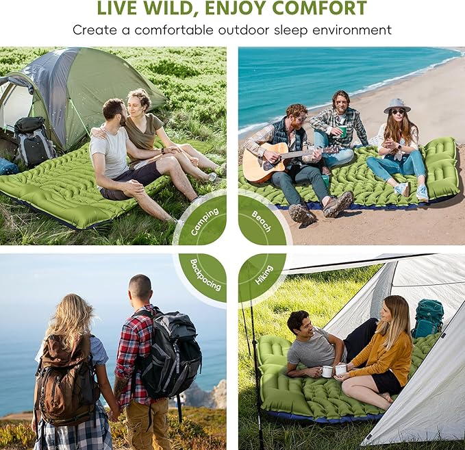 Double Sleeping Pad for Camping Self Inflating 4 Extra Thick Camping Sleeping Pad for 2 Person with Pillow Built-in Foot Pump Portable Sleeping Mat for Backpacking Hiking Travel Tent