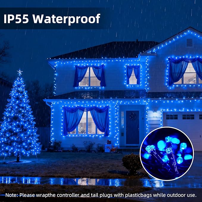 500 LED Blue Christmas Tree Light Plug inConnectable 170ft String Lights with 8Modes UL Certified Outdoor Indoor for Halloween Holiday Bedroom Party Decor