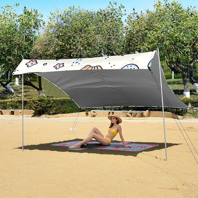 Cute Line Whales Little Stars Shells Camping Sun Shelter Beach Tent Portable Beach Sun Shade Outdoor Canopy for Camping Trips Fishing Picnic