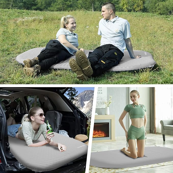 KingCamp Sleeping Pad for Camping Double Size Self Inflating Camping Mattress 11 R-Value Foam Pads 3 Thick 2 People Outdoor Pad Light Grey
