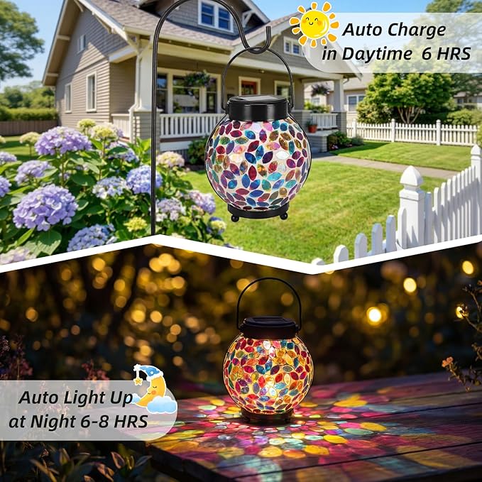 Lyeasw Mosaic Lights Solar Outdoor Hanging Lanterns Waterproof Lights Outdoor Decor for Patio Yard Garden Porch Birthday Gifts for Women Mom Grandma