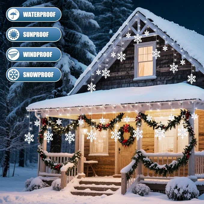 Brightown Christmas Snowflake Lights Outdoor - 13FT 192LED Snowflake String 16 Drops 12 Modes Timer IP65 Waterproof Connectable Xmas Lights for Eaves Windows Indoors &amp Outdoors