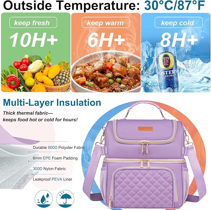 Lunch Bags for Women Dual Compartment Lunch Box Lunch Bag for Work Leakproof Lunch Cooler Large Insulated Lunchbox for Adult for Women Men Lunchbag for Picnic Beach (Purple)