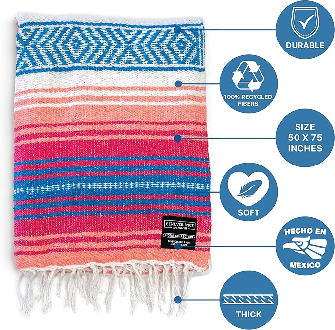 Benevolence LA Authentic Handwoven Mexican Blanket | Yoga Blankets Outdoor Picnic Beach Camping | Equestrian Saddle | Serape 50x70 inches - Coral Pack of 1