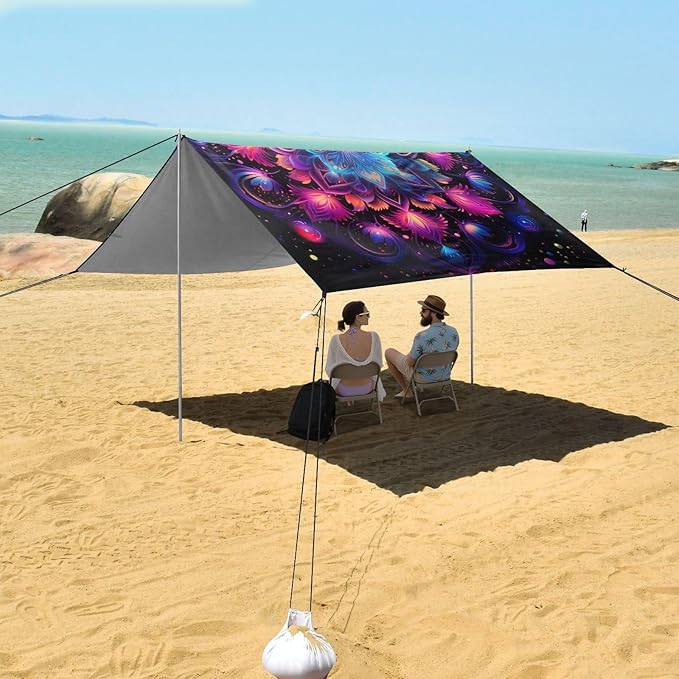 ALAZA Rainbow Mandala Galaxy Beach Tent Sun Shelter UPF50+ Protection Beach Shade Canopy w/ 4 Sandbags for Outdoor Camping Fishing Backyard Fun Picnic 10x9 ft