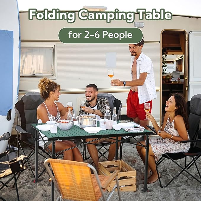 Portable Outdoor Adjustable Height Camping Table Large for 2-6 Person Foldable Roll-up Aluminum Camp Table with Carry Bag for Picnic Camp Sturdy Stable Loads 220 Lbs (Green)