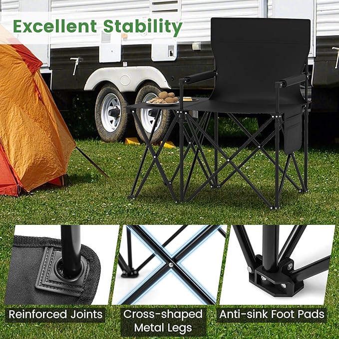 Goplus Oversized Camping Chair with Side Table Folding Heavy-Duty Picnic Chair w/ 2 Storage Pockets Cup Holder Padded Armrests Carrying Bag Portable Outdoor Chair for Fishing RV Trip (Black1)