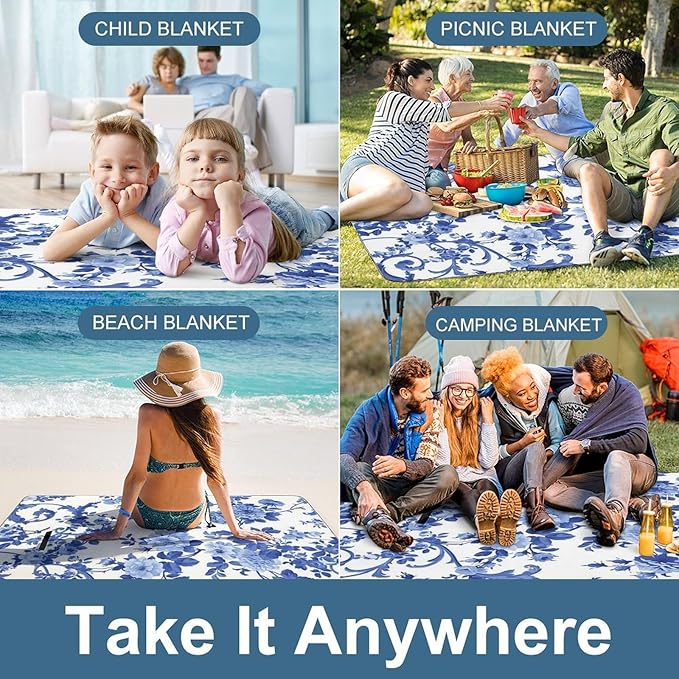 Blue and White Chinese Style Chinoiserie Folk Waterproof Outdoor Picnic Blanket Sandproof Beach Mat for Camping Hiking Grass Travelling