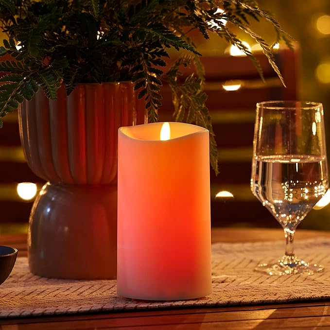 Luminara Outdoor Flameless LED Coloring Changing Candle Melted Edge 3.75 x 7 Real Moving Flame Battery Operated Timer Plastic Weather-Resistant