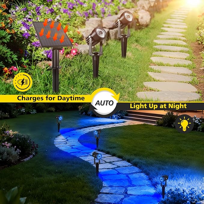 T-SUN Blue Solar Spotlights 2-in-1 Outdoor Waterproof Solar Landscape Spotlights for Garden Yard Paito Festival Decor(Blue)