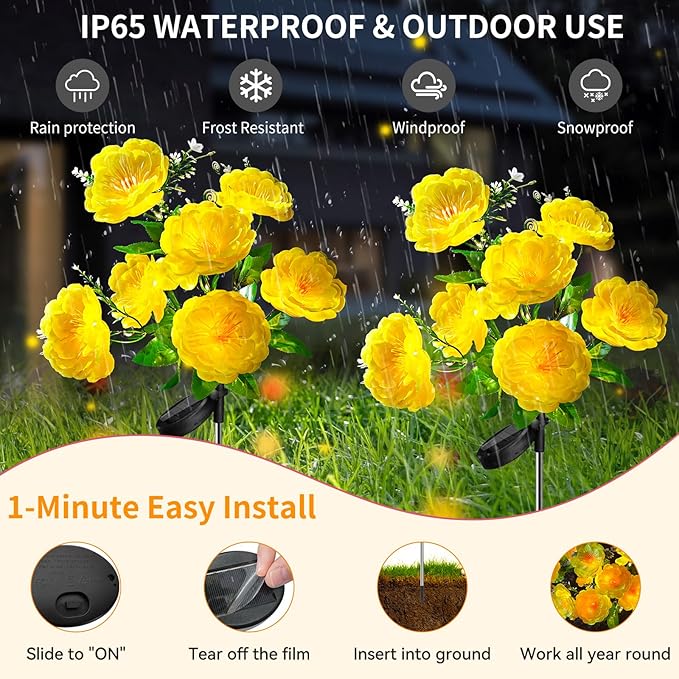 Neporal Solar Flowers Outdoor Waterproof 4PK 7-Stem Yellow Camellia with 2 Lighting Modes &amp Romantic Warm Light Solar Lights Outdoor Decorative for Garden Yard Pathway Gardening Gifts for Wom