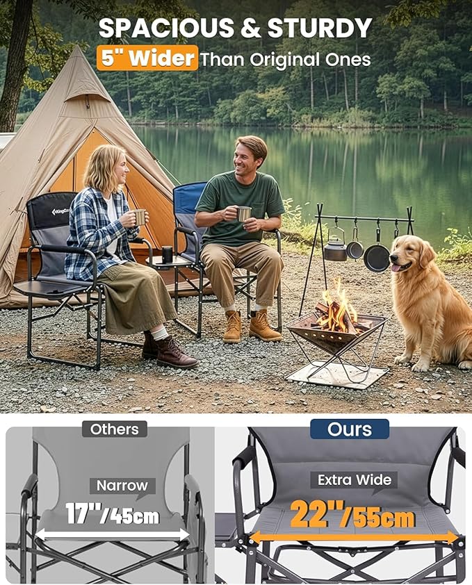 KingCamp Oversized Camping Directors Chair with Side Table Compact Design Heavy Duty 440lbs Folding Portable Padded Camp Chairs with Extra Wide Seat &amp Anti-Sag Fabric for Outdoor Fishing Sports