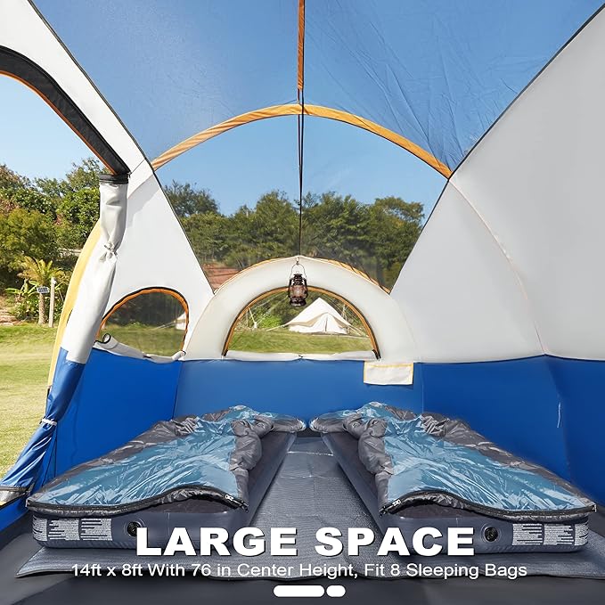 8 Person Tent for Camping Waterproof Windproof Family Tent with Rainfly Divided Curtain Design for Privacy Space Portable with Carry Bag