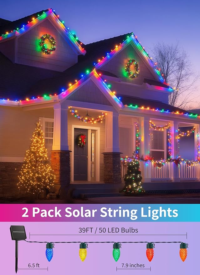 Solar Christmas Lights Outdoor 2 Pack 50 LED C9 Strawberry String Light with Timer &amp 8 Light Mode Waterproof Solar Christmas Tree Lights for Outside Garden Patio Party Christmas Decor Multicolo