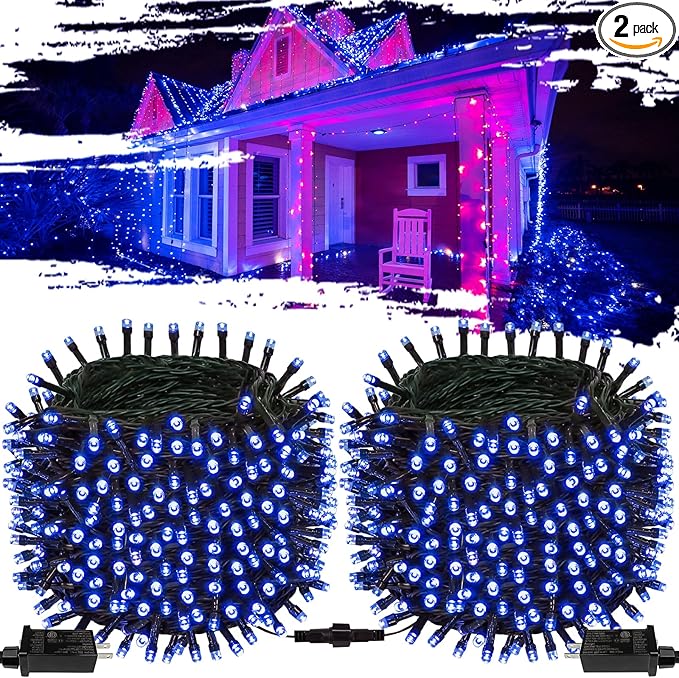 2-Pack Connectable Christmas Lights Outdoor Total 164FT 400LED Christmas String Lights Waterproof with 8 Modes &amp Timer Green Wire Twinkle Lights for Xmas Tree Decorations Outdoor Indoor Blue
