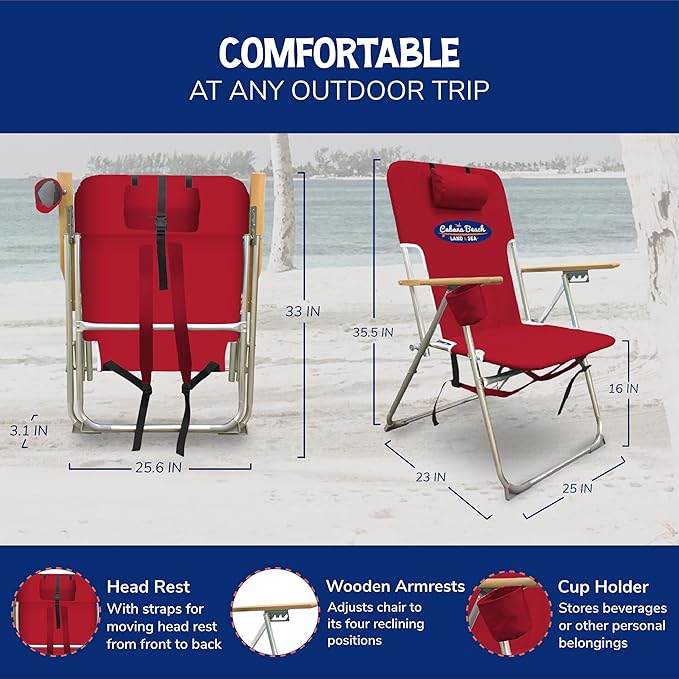 Cabana Beach Folding Beach Chair 4 Position Portable Backpack Foldable Camping Accessories with Headrest Cup Holder and Wooden Armrests Tango Red