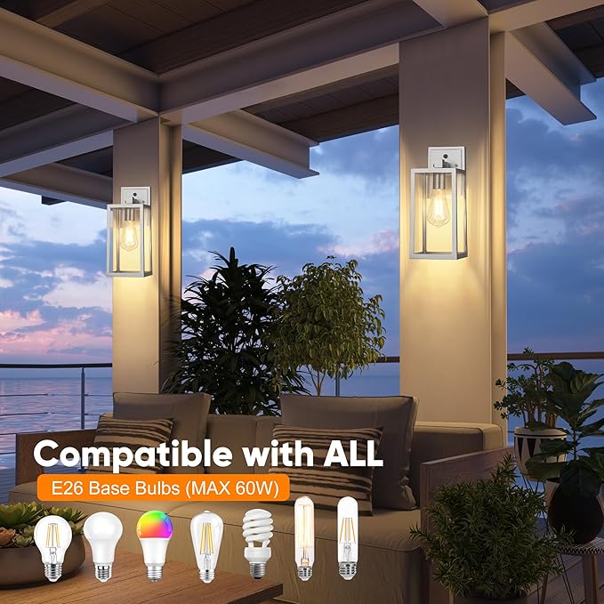 PARTPHONER Silver Dusk to Dawn Porch Lights Fixtures Wall Mount Sensor Exterior Lighting Lamp set of 2 Anti Rust Wall Sconce Waterproof Outdoor Wall Lantern for House Doorway Garage WTWL176AS2