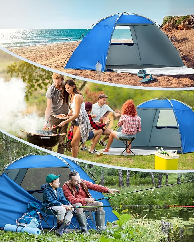 Beach Tent for 2-4 Persons Beach Tent Sun Shelter UPF50+ UV Protection Sun Shade Witch Huge Breathable Mesh Window Easy Set up for Beach Camping Fishing