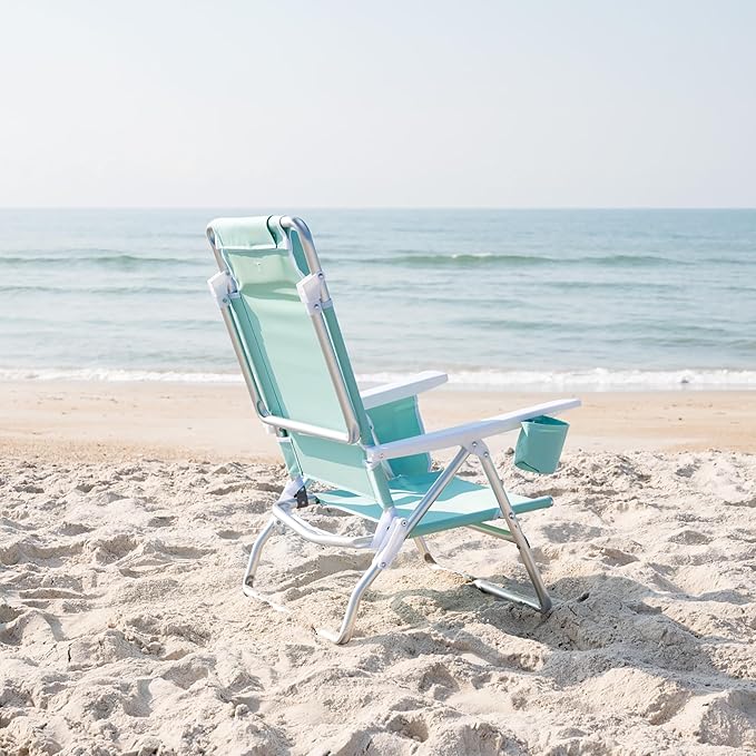 Caribbean Joe Folding Beach Chair 5 Position Lightweight Portable Reclining Outdoor Camping Chair with Headrest Shoulder Strap and Cup Holder Mint