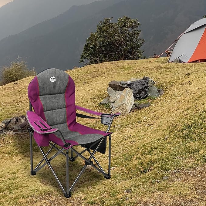 Northroad Oversized Portable Camping Chair Full Padded Outdoor Folding Chair Support 350 LBS Heavy Duty Lawn Chair with Cup Holder Cooler Bag Lumbar Support Head Pocket for Adult (Purple)