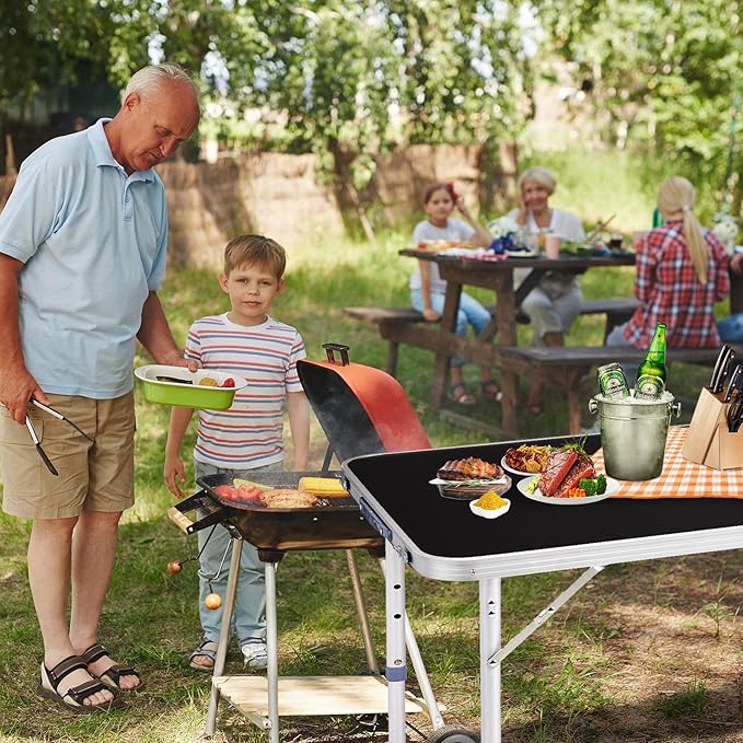 4.0 Ft Folding Portable Camping Table with Three Adjustable Heights RV Tables for Inside a Camper Outdoor BBQ Dining Picnic Cooking Beach Garden Black