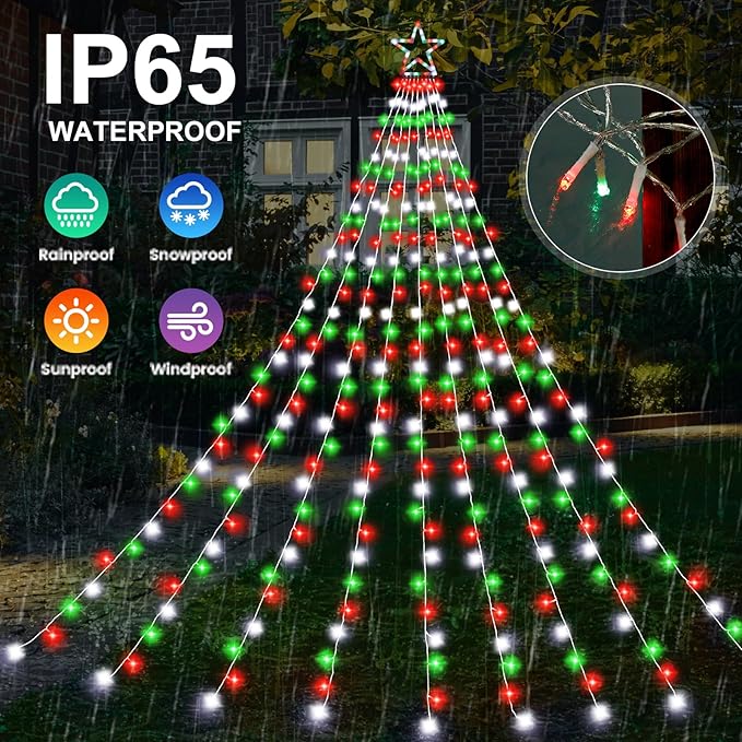 Outdoor Christmas Decorations String Lights 320 LED 11.5 Ft Waterfall Tree Lights with Star Topper 8 Lighting Modes Christmas Light for Indoor Outdoor Yard Home Festival Xmas New Year Decor