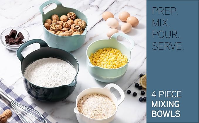 COOK WITH COLOR Nesting Plastic Mixing Bowl Set with Pour Spouts and Handles Mint 4 Piece Non-Slip