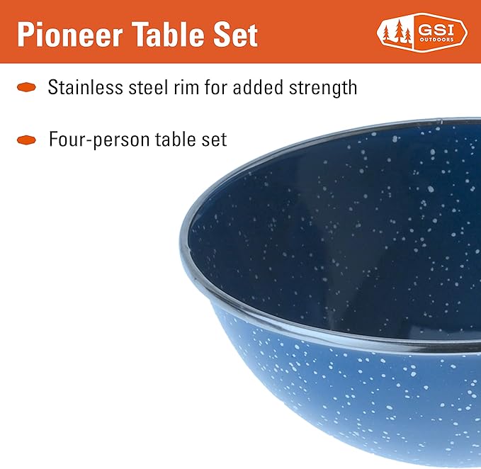 GSI Outdoors Pioneer Enamel 12 Pieces (4-Person) Dish Set I Enamelware Dishes Including Plates Bowls and Mugs for Camping Outdoors RV Camp Blue