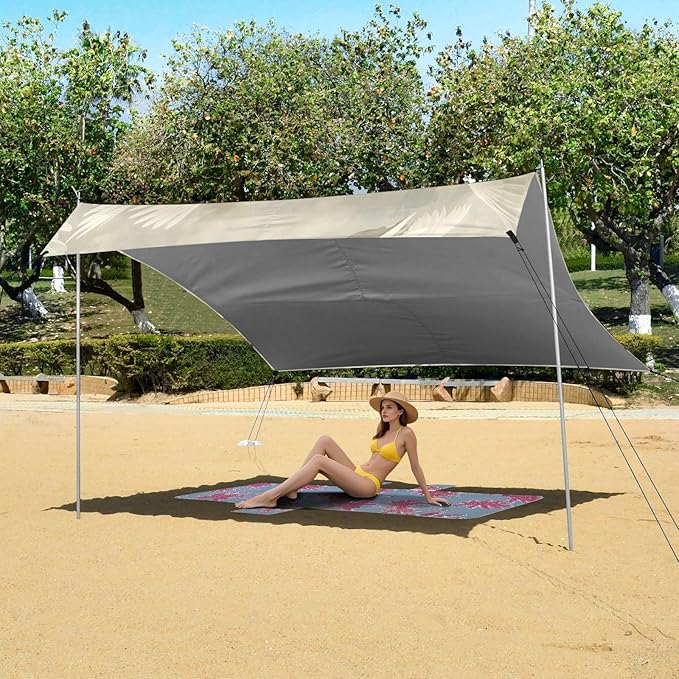 White Swan Pattern Beach Tent Sun Shelter 9.2' x 10.5' Beach Canopy with 4 Sandbags 4 Stability Poles Sand Shovels - Tent Canopy for Beach Camping Fishing Picnics