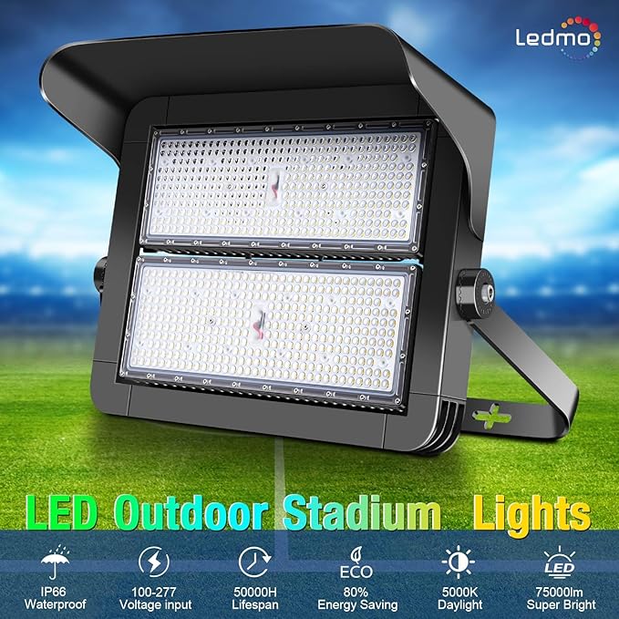 ledmo 500W Dimmable Led High Mast Stadium Light 75000LM Super Bright Outdoor Arena Floodlight Adjustable IP66 5000K 100-277V Sports Court Lighting for Commercial Square Ballpark Large Yard Area