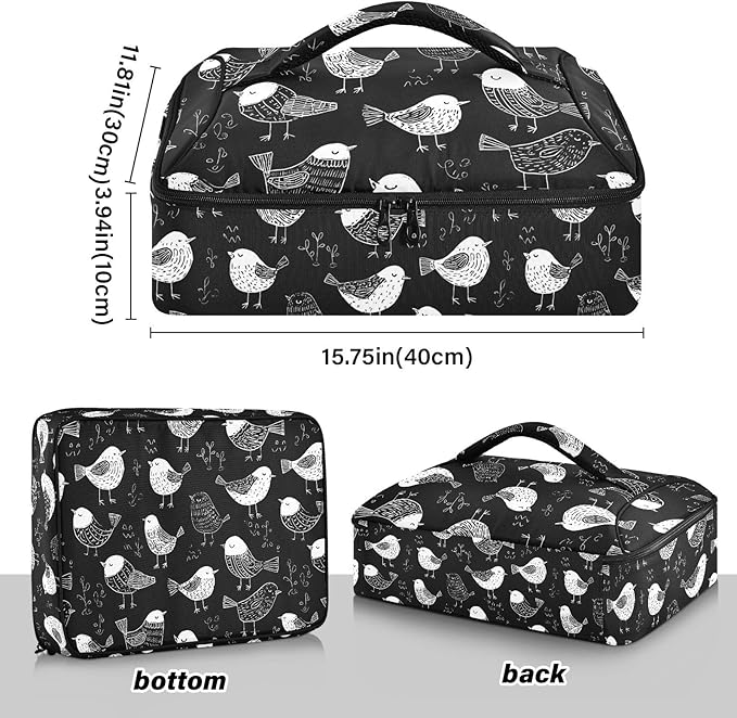Casserole Carrier Birds BlackInsulated Casserole Carrier for Hot or Cold Food Thermal Lunch Tote for Potluck Parties Picnic Beach Fits 9 x 13 Inches Baking Dish