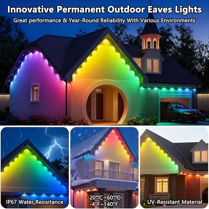 Permanent Outdoor Lights for House: 100FT 60LED Smart RGB Eave Light for Christmas Decor Warm/Cool Lighting for Daily DecorationsIP67 WaterproofCompatible with Alexa Google Assistant