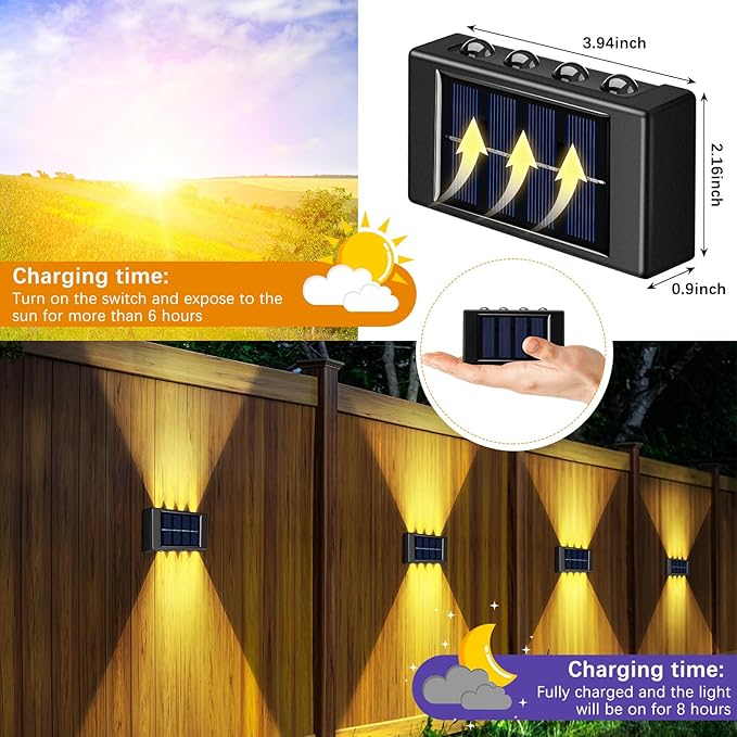 8 Pack Solar Wall Lights for Outside 3000K Warm Solar Fence Lights Up and Down Autumn LED Outdoor Decorative Waterproof Lamps Dusk to Dawn LED Lighting Wall Sconces for Outside Deck Garage