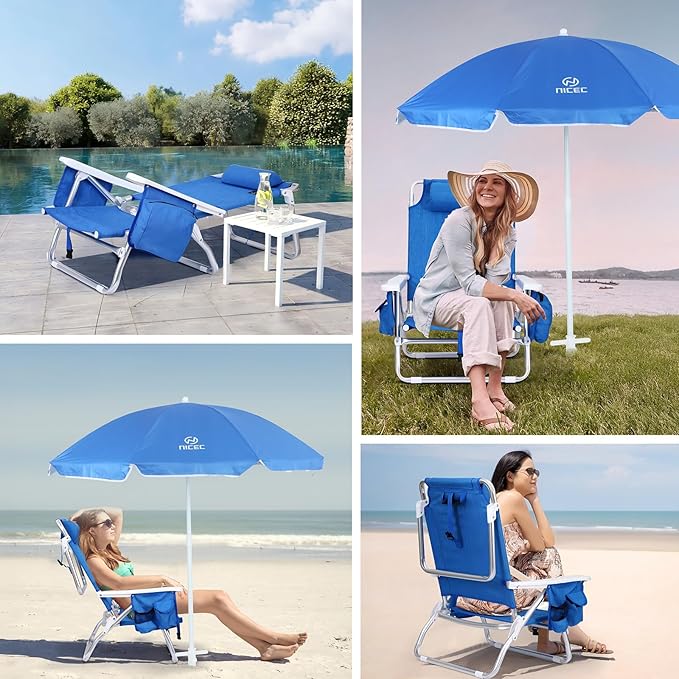Nice C Blue Backpack Beach Chair with Cooler and Umbrella 5 Position Reclining Beach Chair for Adults with Cup Holder Canopy Shade Cooler Bag for Outdoor Camping Travel Picnic (1 Pack)