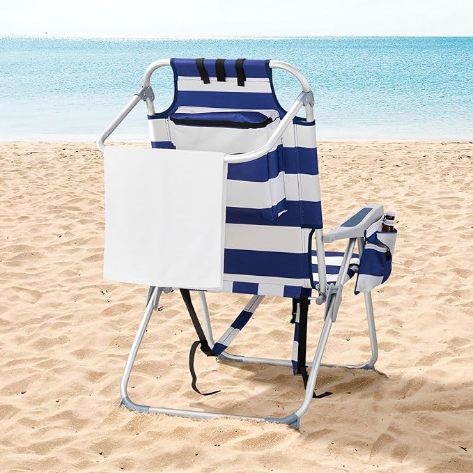Bonnlo Folding Patio Chair with Headrest &amp Storage Pouch Lightweight Aluminum Frame Supports 220 lbs/100 kg Portable for Travel Lawn Poolside Camping Beach(Sky Stripes)
