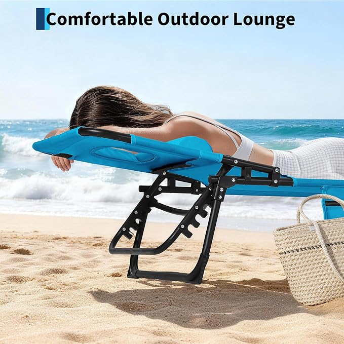 Tanning Chair with Face Hole Folding Beach Lounge Chair5-Position Adjustable Backrest Pillow &amp Side PocketPortable Face Down Chaise Lounge for Outdoor Backyard PoolsideBeach PatioBlue