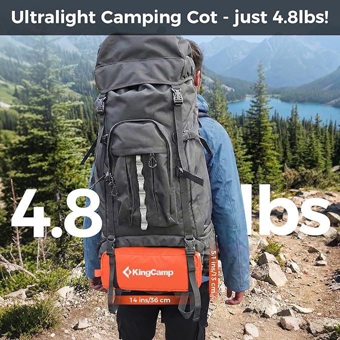 KingCamp Ultralight Camping Cot Portable Folding Tent Camping Cot 265 Lbs Heavy Duty Sleeping Cot with Pillow for Adults Outdoor Backpacking Travel Hiking Orange