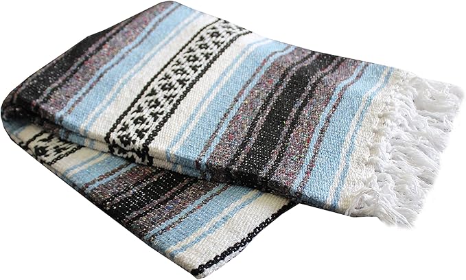 Del Mex Classic Mexican Blanket Large Authentic Woven Falsa Throw (70x50) Artisan Southwest Décor for Beach Yoga Outdoors (Light Blue)