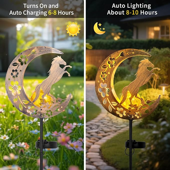 Solar Lights Outdoor Waterproof - Moon &amp Horse Landscape Lighting Weatherproof SolarGarden Stakes with 8-10H Auto On/Off Decorative Pathway Markers for Driveway/Walkway/Equestrian Farms