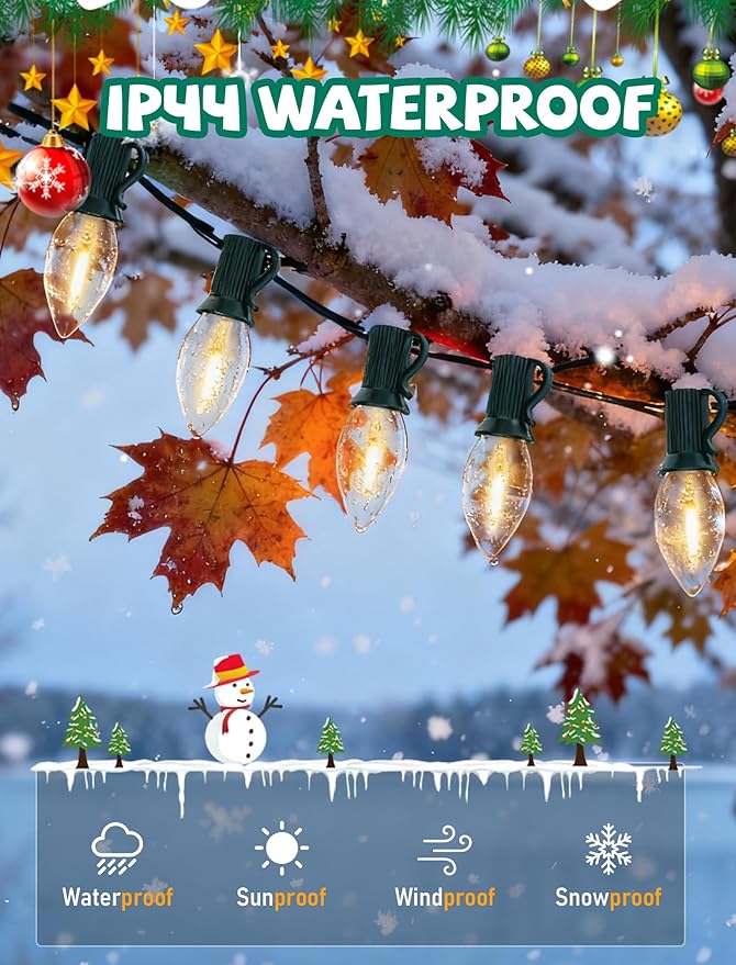 50Ft LED Christmas Outdoor String Lights C7 Vintage String Lights with 27 0.6W Warm White Bulbs Clear Christmas Lights for Holiday Party Backyard Wedding Garden Patio Porch Decor Green Wire