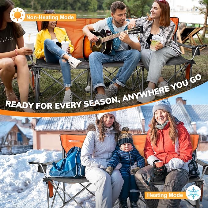 ANTARCTICA GEAR Heated Double Camping Chair with 12V 15000mAh Battery Pack - Heavy-Duty XL Folding Bench for Outdoor Campsites Tailgating - Portable Heated Seating with Adjustable Warmth
