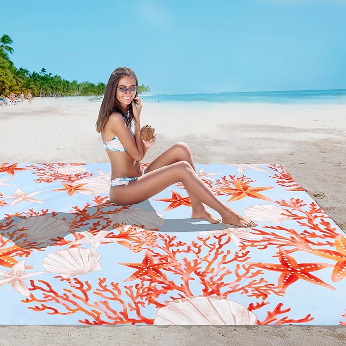 Beach Blanket Waterproof Sandproof 9 Ft X 10 Ft Extra Large Sand Free Beach Mat Big Compact Lightweight Quick Drying Picnic Blanket with 4 Stakes &amp Pockets for Camping Travel Hiking