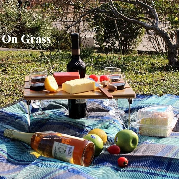 eBigValue Portable Bamboo Picnic Table with Wine Glass &amp Bottle Holder – Folding Snack Tray for 4 Outdoor Camping Beach Travel