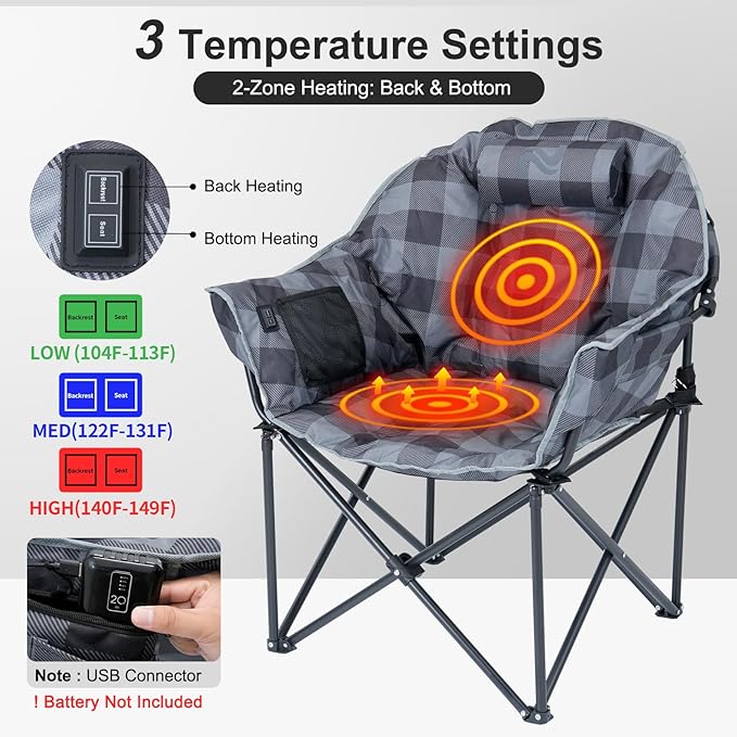 ABORON Oversized Heated Camping Chair Portable Folding Recliner with 3 Heat Settings Heavy-Duty Fully Padded Chair Supports Up to 500 lbs Ideal for Outdoor Adventures