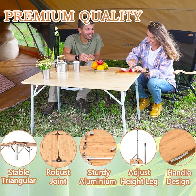 KingCamp Bamboo Folding Camping Table with Adjustable Height Aluminum Legs 2-Folds Portable Camp Tables for Travel Picnic 4-6 People