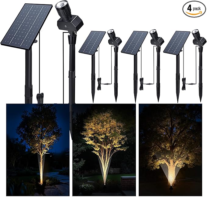 Outdoor Solar Spotlight Adjustable Angle Landscape Spotlight Waterproof 2500mAh All Night Separate Panel LED Uplight Dusk to Dawn 5 Lighting Modes for Outside Patio Wall Path House 4 Pack