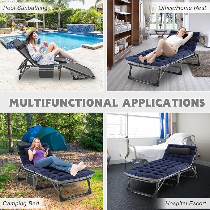 ABORON 5 Positions Camping Cots for AdultsOutdoor Folding Sleeping Cot/MatFolding Chaise Lounge Chair with PillowPortable Reclining Chair for Beach Lawn Camping PoolSunbathing Chairs