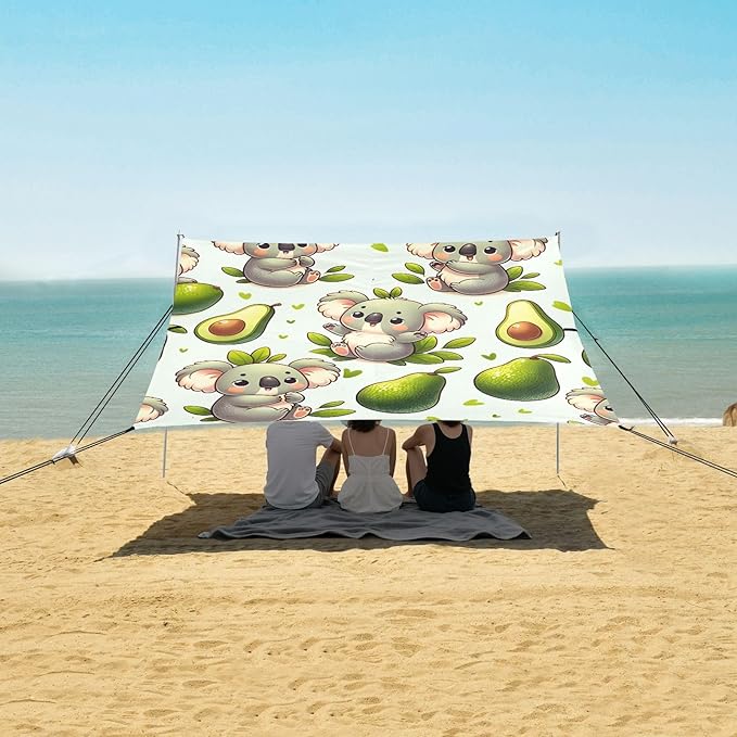 Cute Cartoon Koala Avocado Camping Sun Shelter Beach Tent Portable Beach Sun Shade Outdoor Canopy for Camping Trips Fishing Picnic