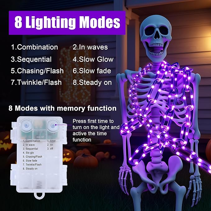Battery Operated Halloween Lights 10.5FT 175 LED Plastic Chains Lights 8 Modes Waterproof Timer String Light for Skeleton Dog Creepy Costumes Accessories Spooky Outdoor Decorations(Purple)
