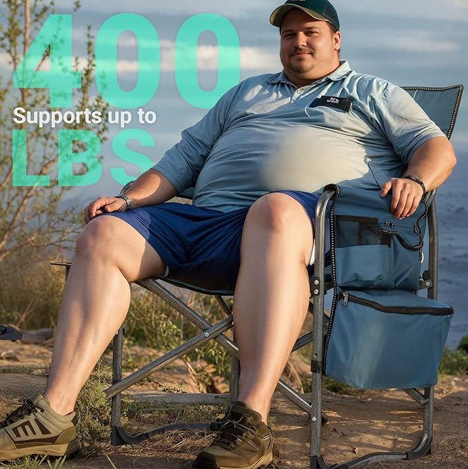 Overmont Oversized Lightweight Camping Chair - Portable Comfortable Heavy Duty Foldable Directors Chairs with Side Table &amp Cooler Bag for Outside Camp Beach Picnic Lawn and Fishing Supports 400lbs